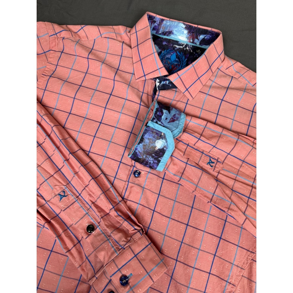 Au Noir Mens Salmon Pink Windowpane Check Long Sleeve Button Up Shirt Size 4